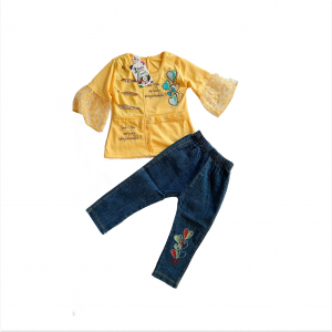 Stylish Yellow Bell-Sleeve Top & Jeans Set