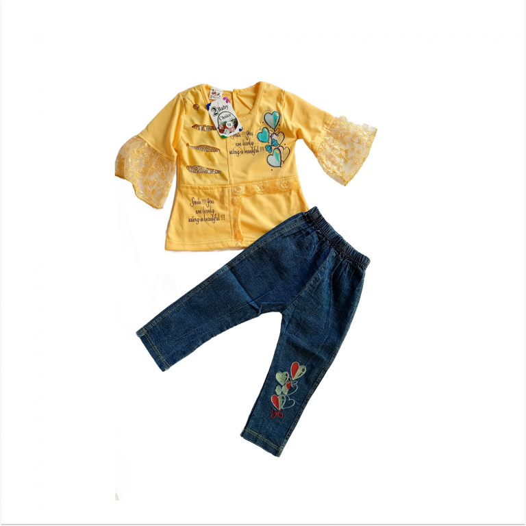 Stylish Yellow Bell-Sleeve Top & Jeans Set