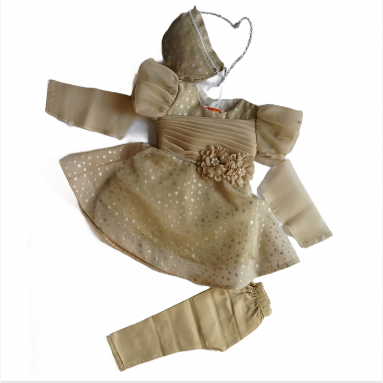 Girls Party Dress Set – Golden Frock with Floral Detail & Trousers